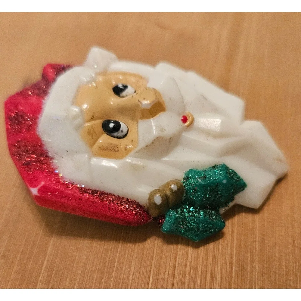 Vintage Santa Claus Face Christmas Holiday‎ Brooch Pin Red Glittery Hat